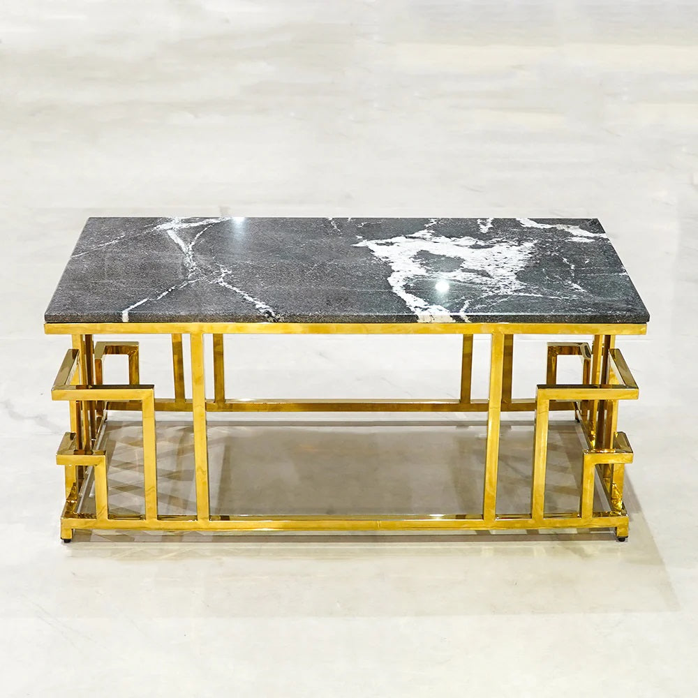 Modern Luxury Center Table – Wooden Marble Texture with Gold Powder Coated Paint