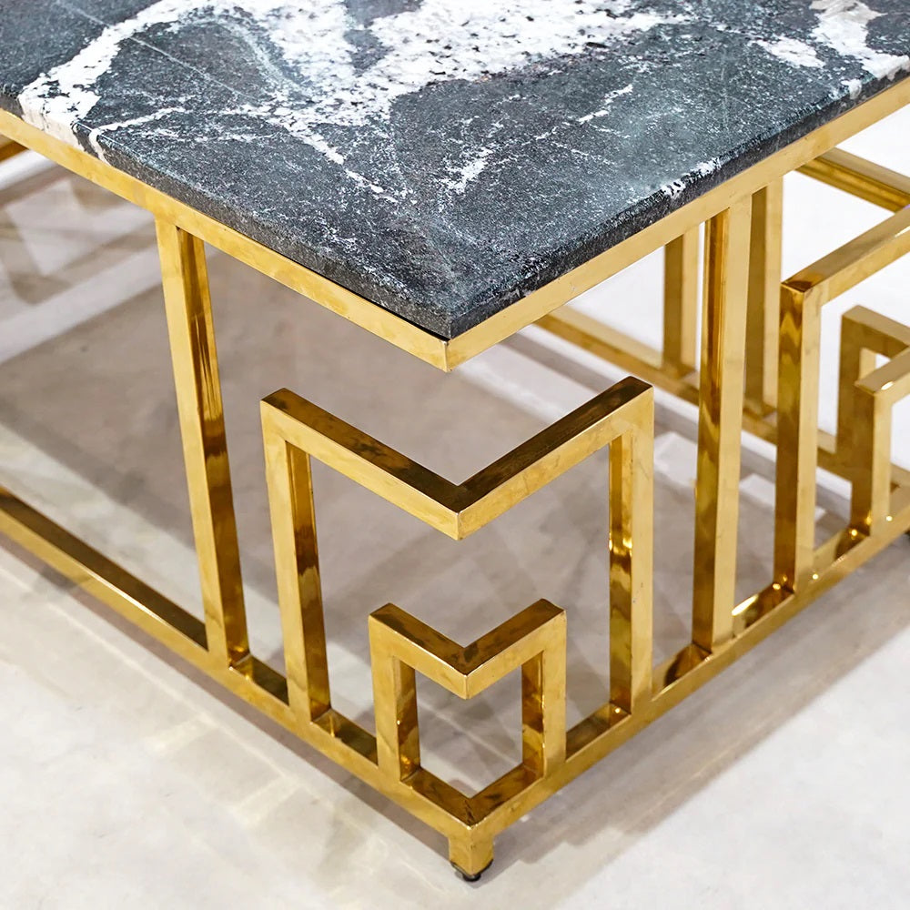 Modern Luxury Center Table – Wooden Marble Texture with Gold Powder Coated Paint