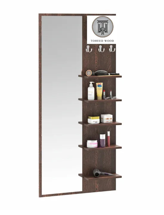 Wood Dressing Table with Shelves, Mirror & Hanging Hooks