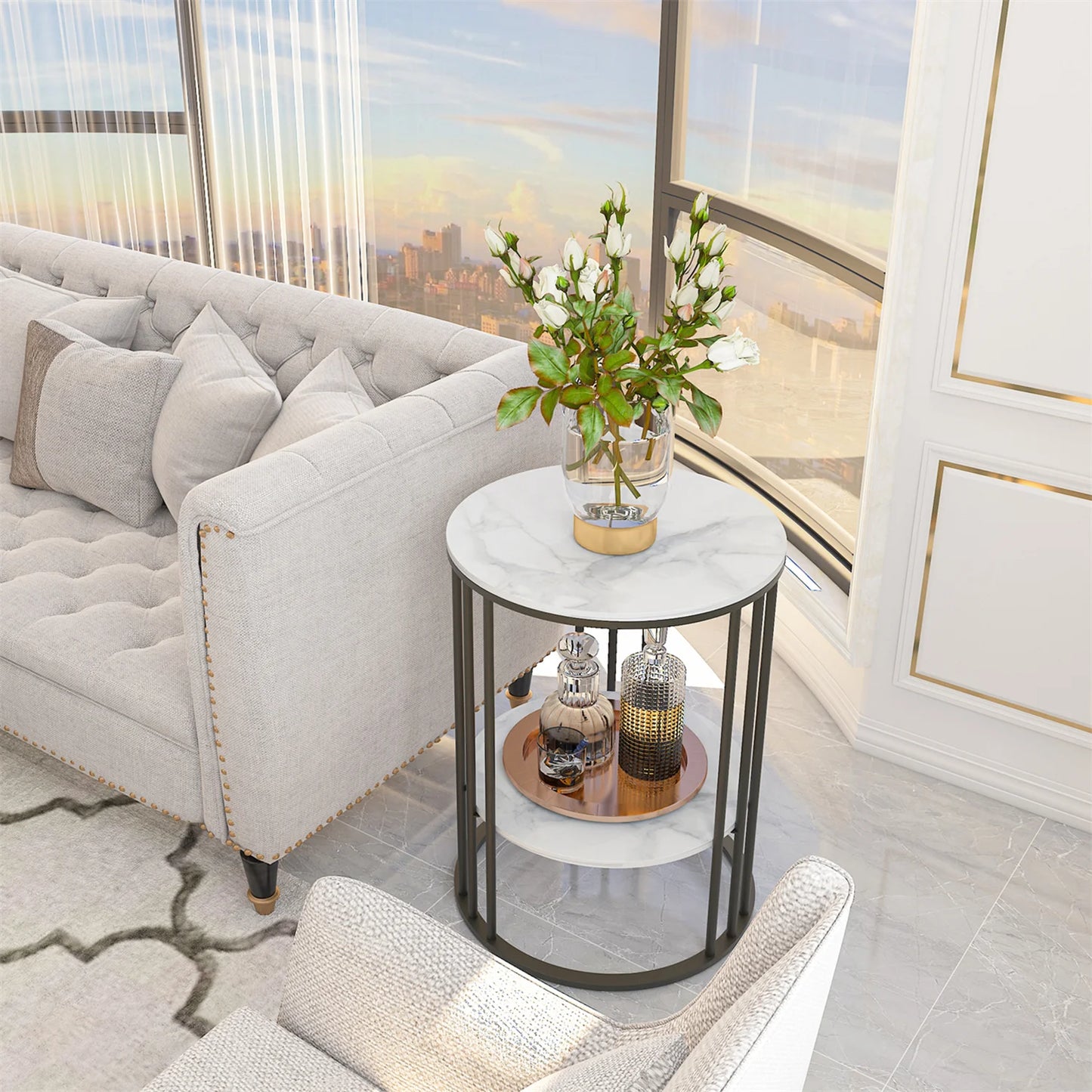 2-Tier Round White Sintered Stone End Table - Sofa Side Table
