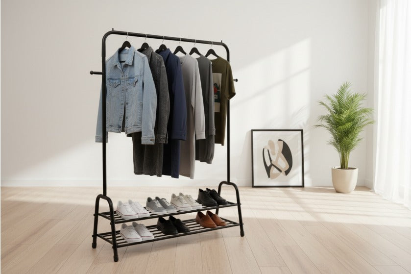 Heavy Duty Cloth Hanging Rack with 2-Tier Shoe Shelf & Side Hook
