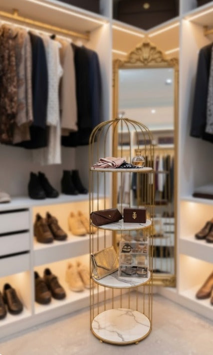 Four-Tier Gold Birdcage Organizer for Luxury Accessories and Beauty Collections.