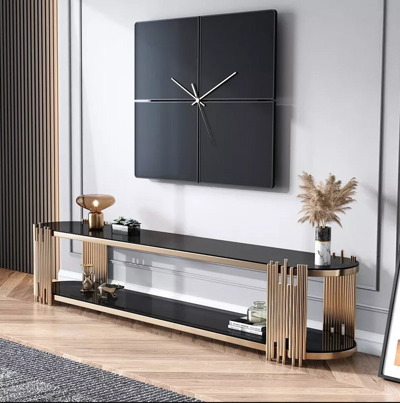Luxury Gold Metal TV Console Table with Wooden Marble Texture Sheet - Modern Entertainment Stand