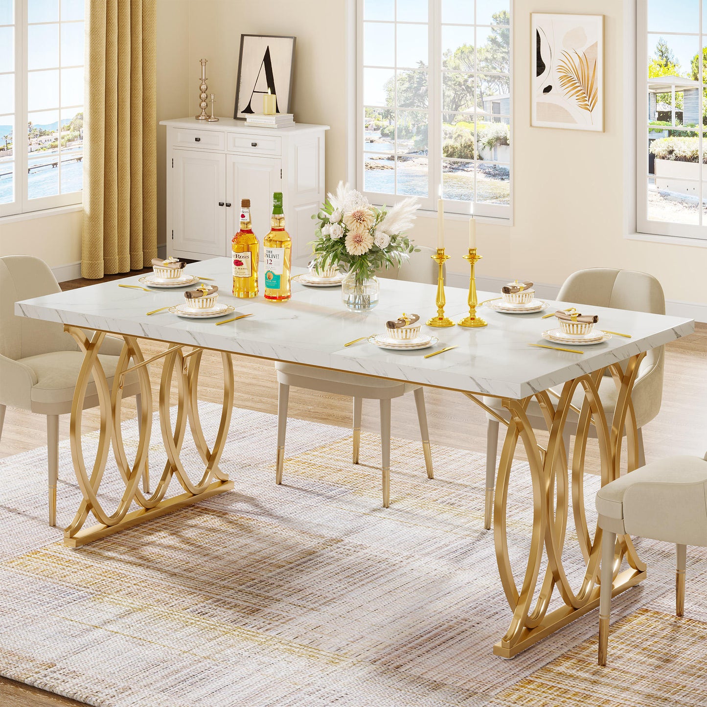 Western Style Modern Wooden Luxury Rectangular Dining Table – 4 to 6 Seater, White and Gold Marble Finish ( Dining Table only)