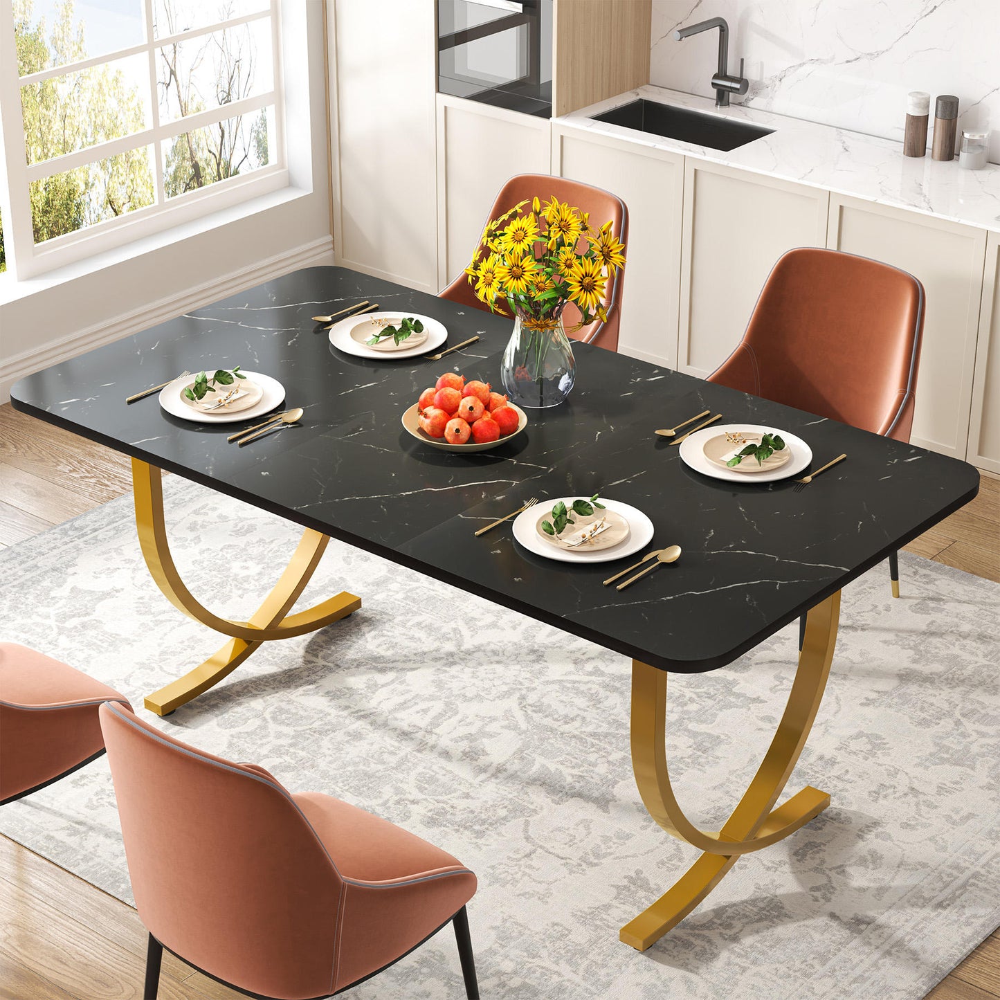 Contemporary Modern Wooden Luxury Dining Table – Rectangular 4 to 6 Seater, Black Faux Marble Top with Gold Base (Dining table only)