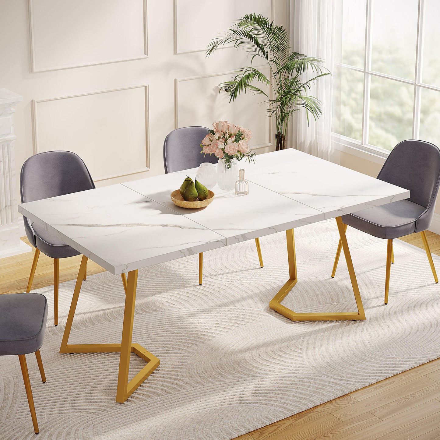 Dream Dining – Rectangular White Kitchen & Dining Table with Gold Metal Base (Dining table only)