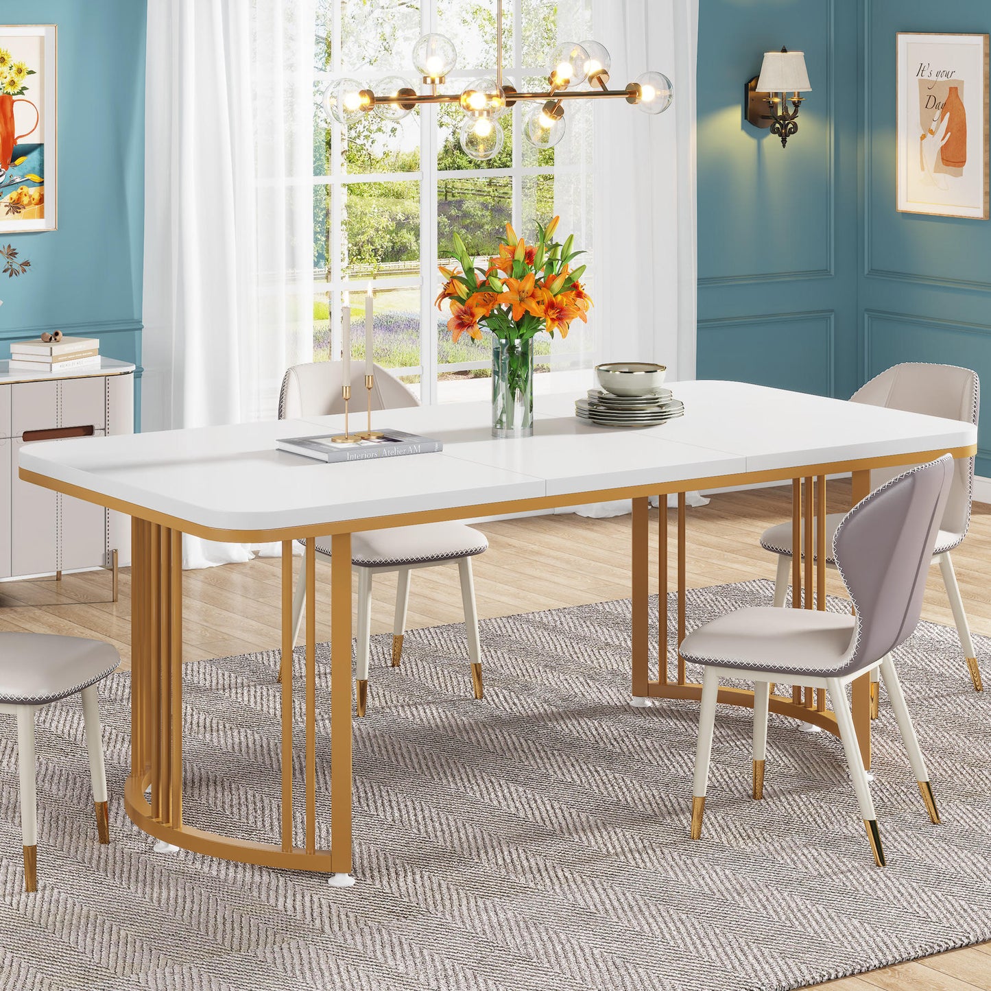 2025 New Modern Luxury Dining Table – Rectangular Wooden White Top with Gold Metal Base (Dining table only)