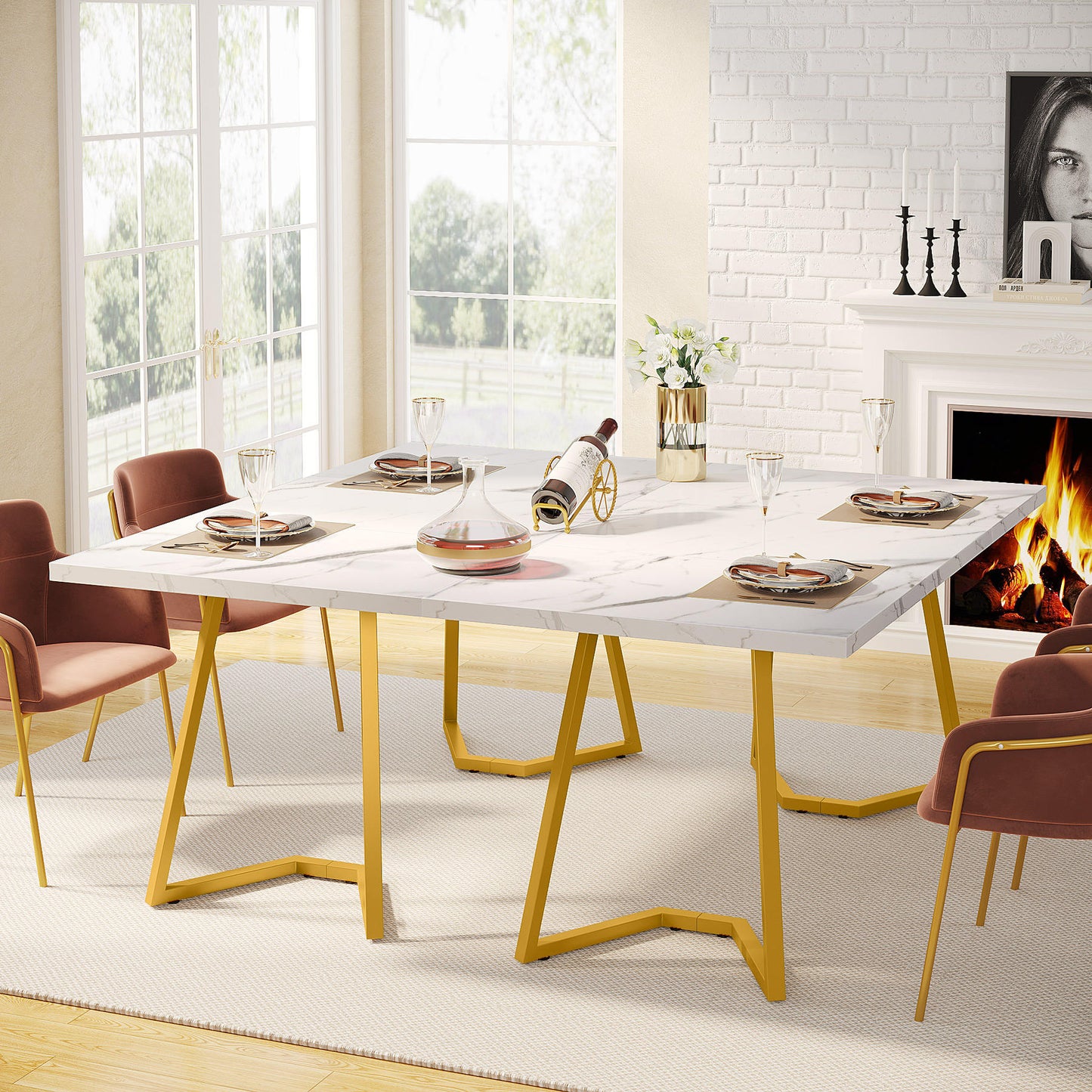 Dream Dining – Rectangular White Kitchen & Dining Table with Gold Metal Base (Dining table only)