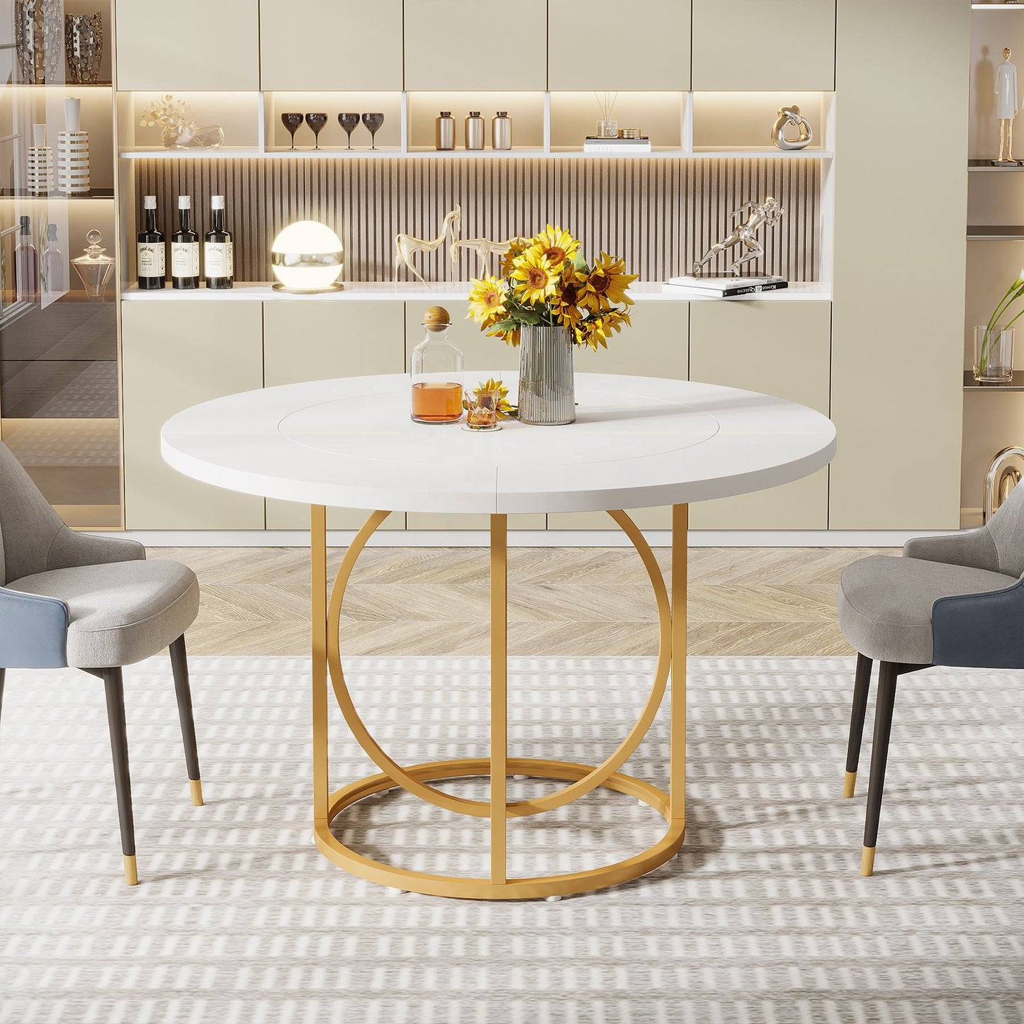 New Tribe Signs 2025 – Luxury Round Simple Dining Table with Circle Golden Base for Dining Room (Dining table only)