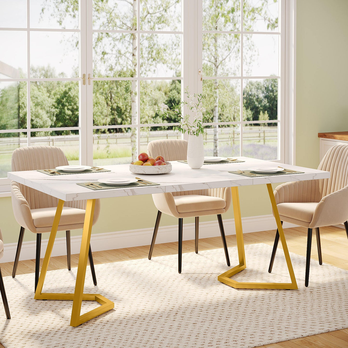 Dream Dining – Rectangular White Kitchen & Dining Table with Gold Metal Base (Dining table only)
