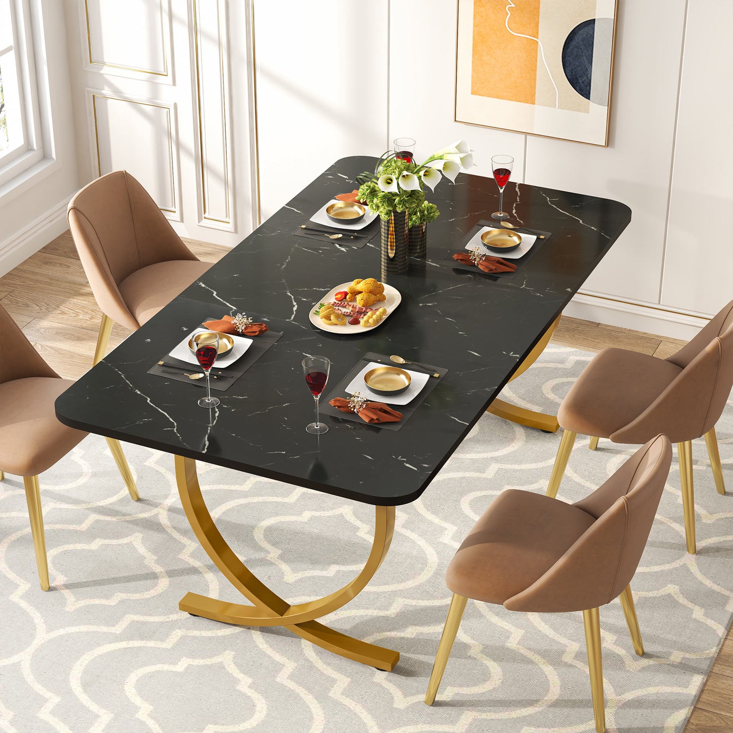 Contemporary Modern Wooden Luxury Dining Table – Rectangular 4 to 6 Seater, Black Faux Marble Top with Gold Base (Dining table only)