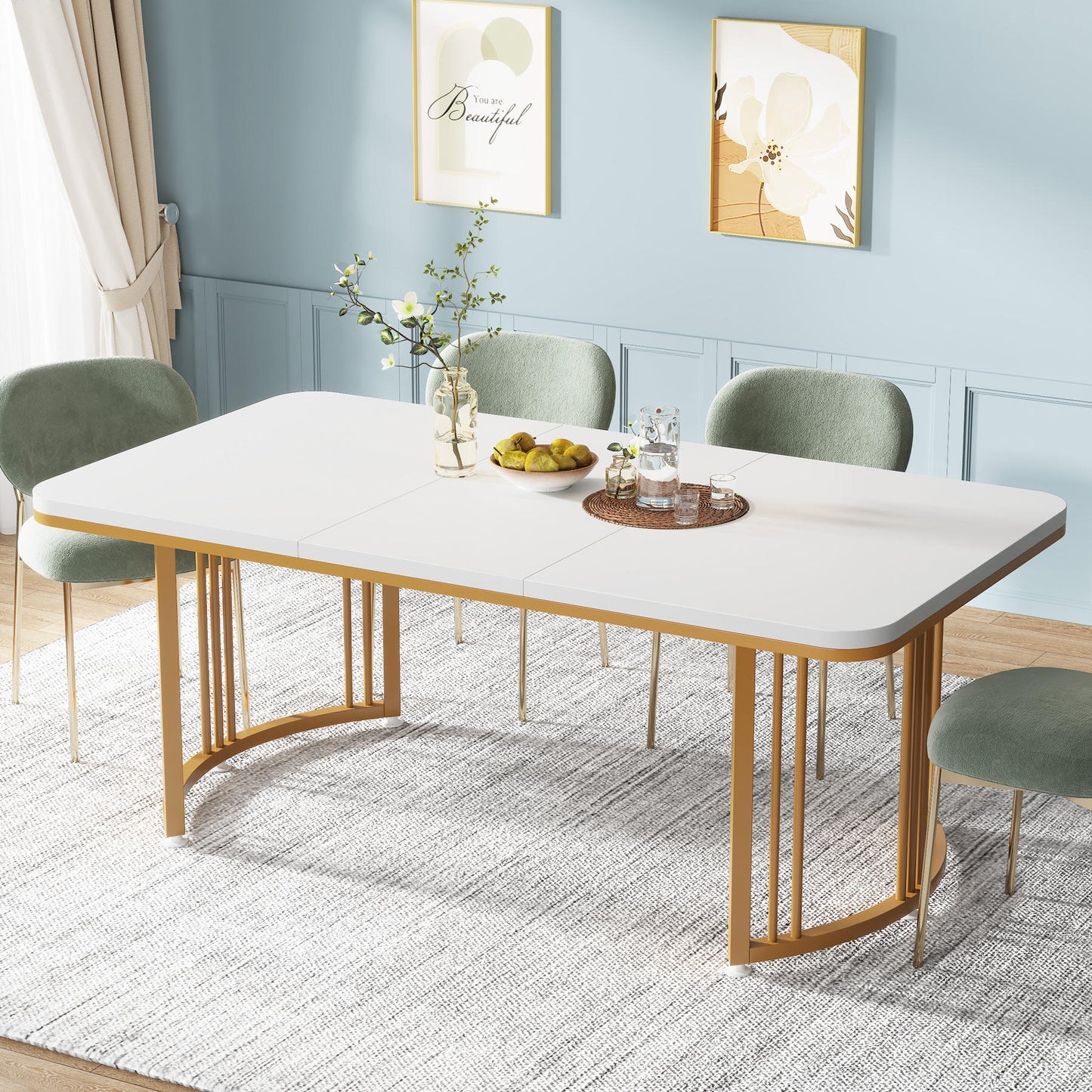 2025 New Modern Luxury Dining Table – Rectangular Wooden White Top with Gold Metal Base (Dining table only)
