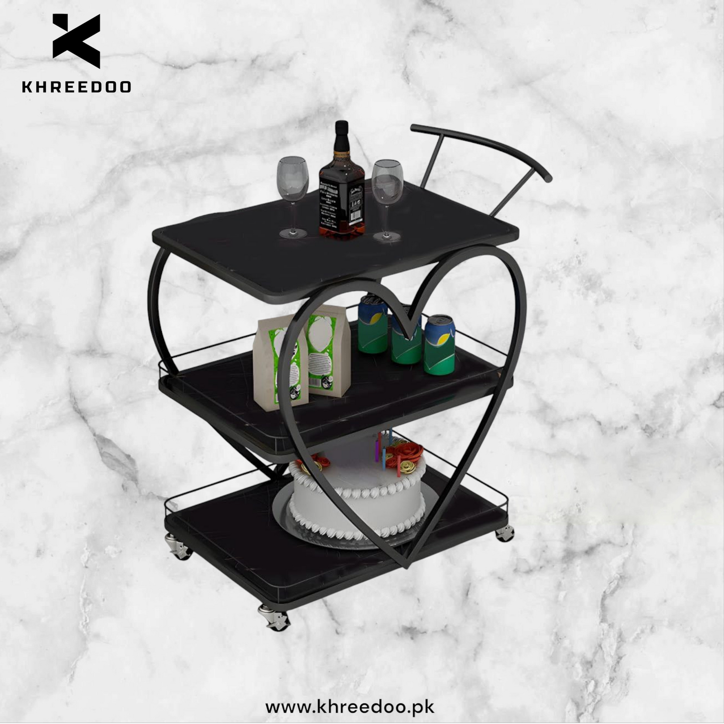3-Tier Heart Shape Tea Trolley with Wheels - Serving Table