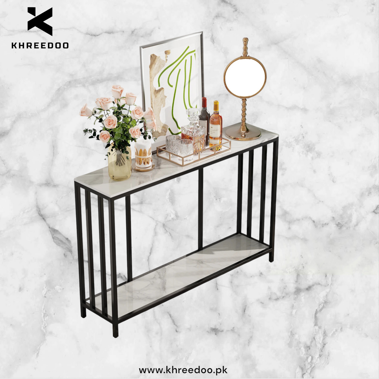 2-Tier White Marble Console Table - Extra Long with Open Shelf