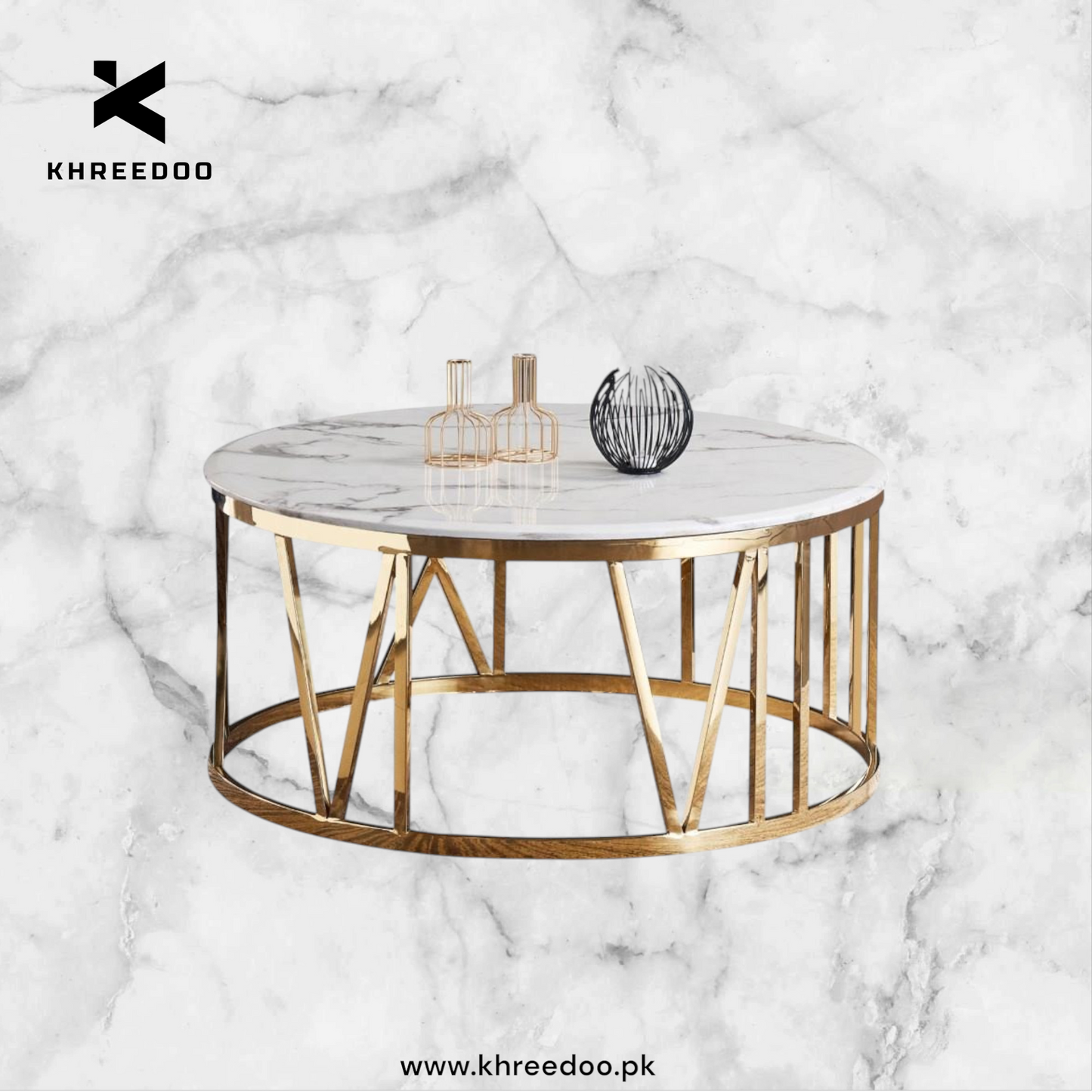 Luxury Center Table White Marble texture top with Gold metal Base for Living Room