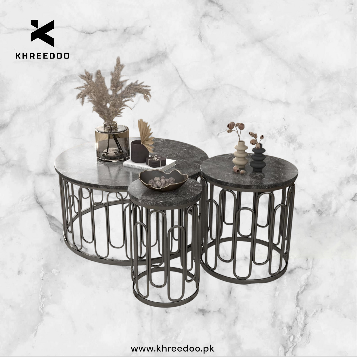 Modern Round Center Table with Coffee Tables – Wooden Marble Texture Top, Metal Legs, Living Room Decorative Metal Base Furniture (Set of 3)