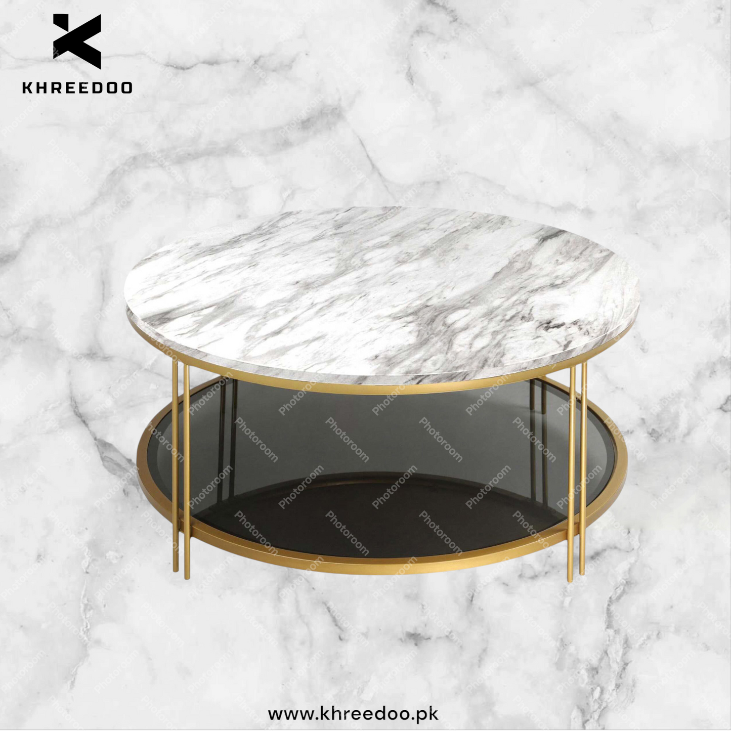 Gold round center table with marble design gold frame + double sheet decent color for living room