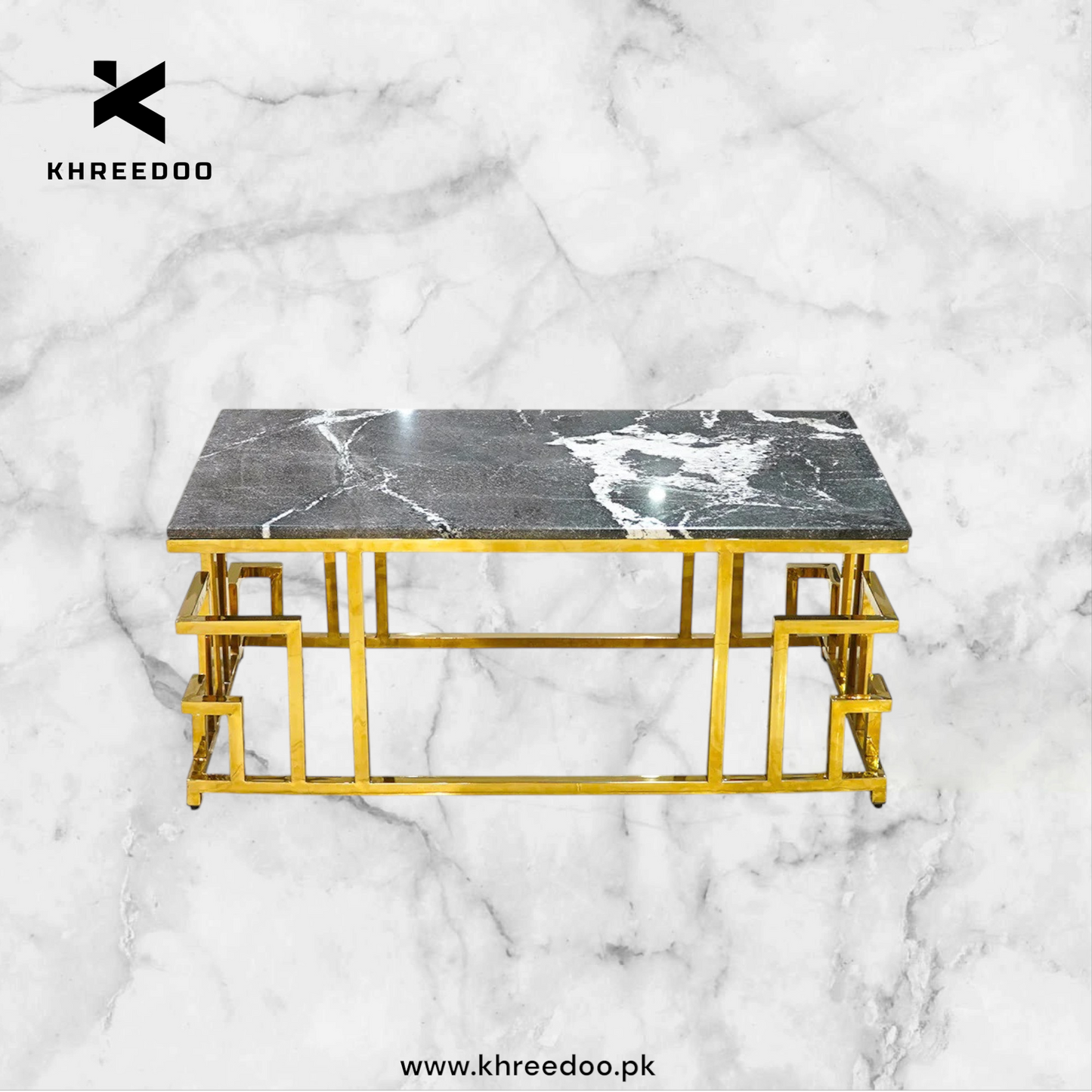 Modern Luxury Center Table – Wooden Marble Texture with Gold Powder Coated Paint