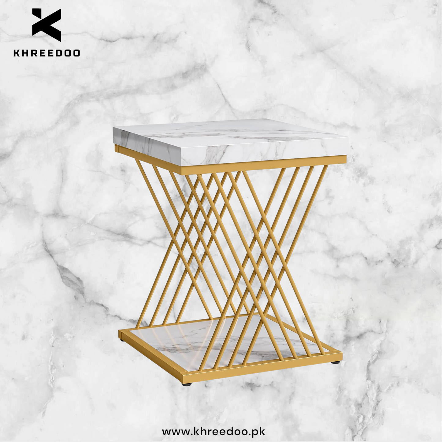 2-Tier Square Faux Marble End Table - Modern White & Gold