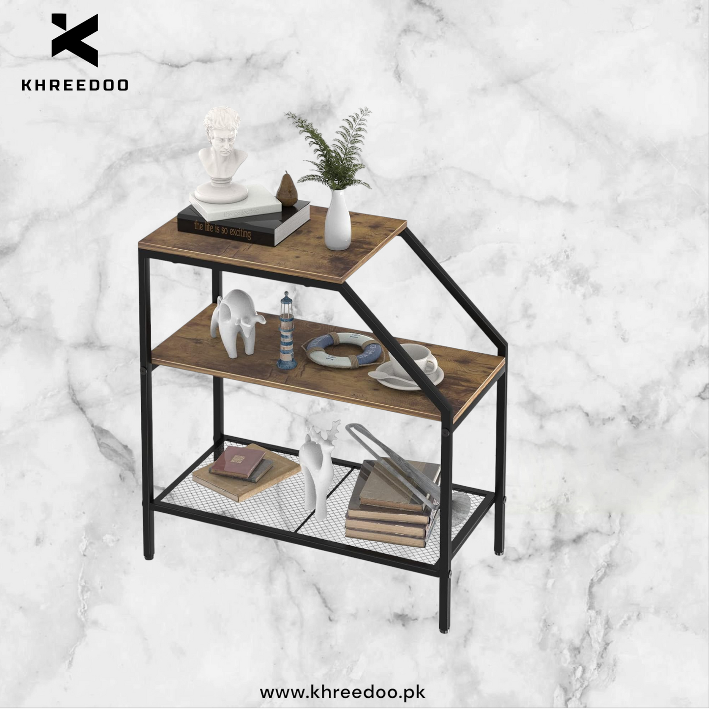3-Tier White Marble End Table - Modern Wood for Small Spaces