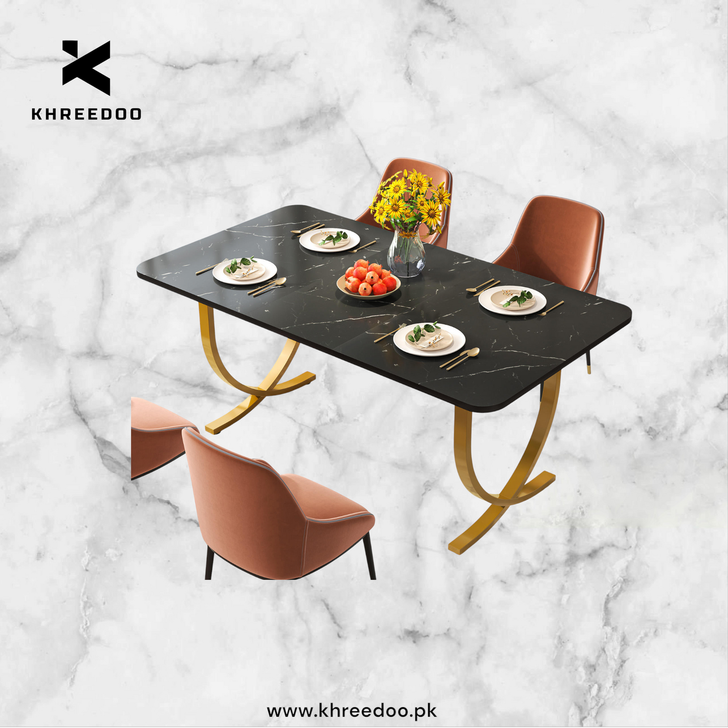 Contemporary Modern Wooden Luxury Dining Table – Rectangular 4 to 6 Seater, Black Faux Marble Top with Gold Base (Dining table only)