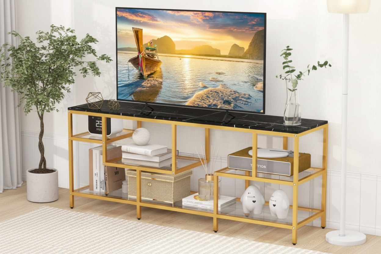 Luxury Gold Metal TV Stand - Modern Entertainment TV Console Table