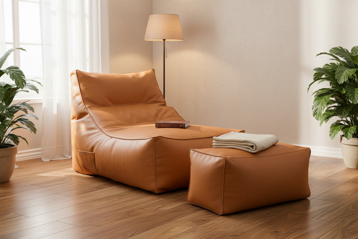 Living Room, Bedroom & Home Décor – Comfortable Oversized Recliner Bean Bag Sofa with Piping Detail & Matching Footstool