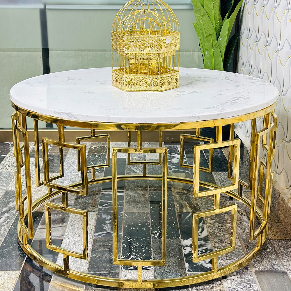 Round unique center table gold frame with powder coated paint white and black wooden marble texture sheet top for living room