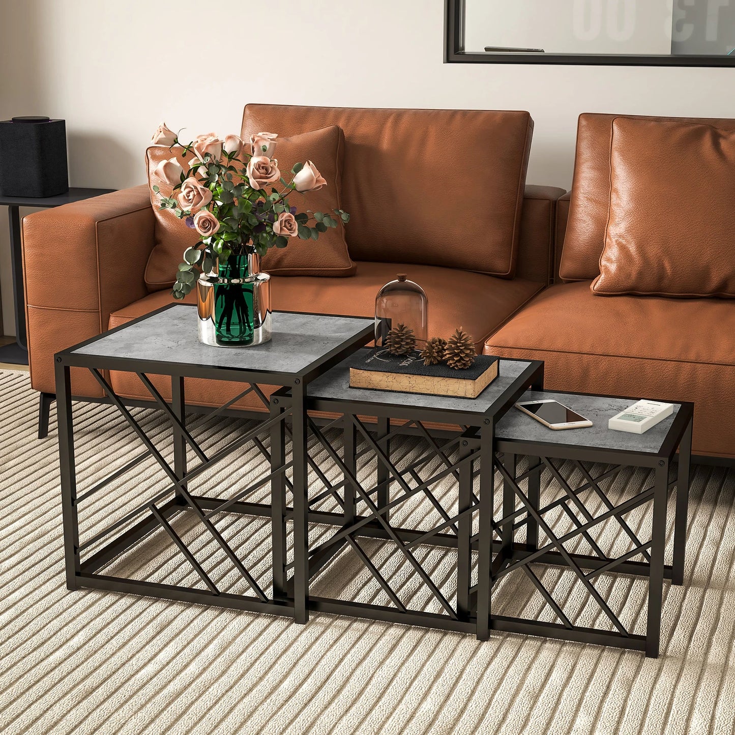 Square Nesting Tables – Metal Frame Set of 3