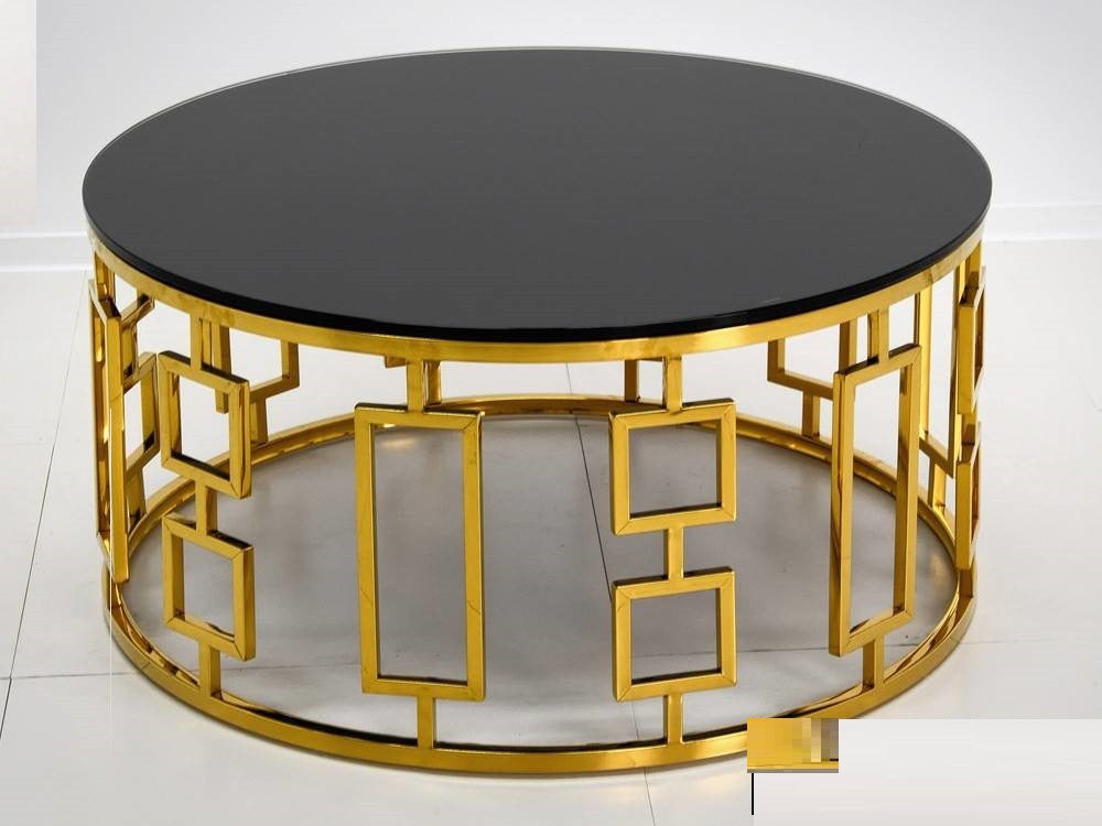 Round unique center table gold frame with powder coated paint white and black wooden marble texture sheet top for living room