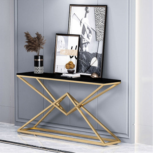 Modern Diamond Console Table Rectangle Shape with Marble Sheet and Metal Frame Gold Finish
