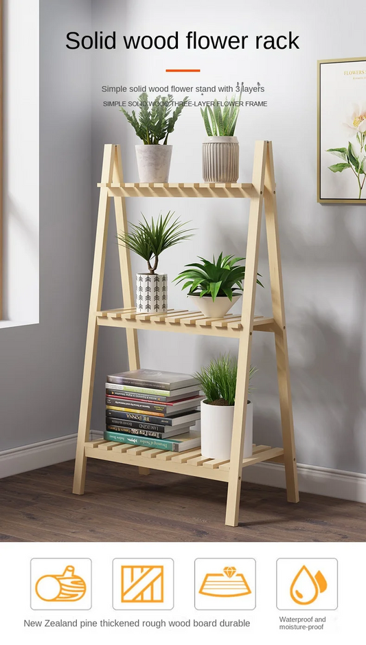 Solid Wood Flower Stand Floor-to-ceiling Three-layer