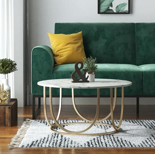 Round Coffee Tea Table Living Room White and Golden