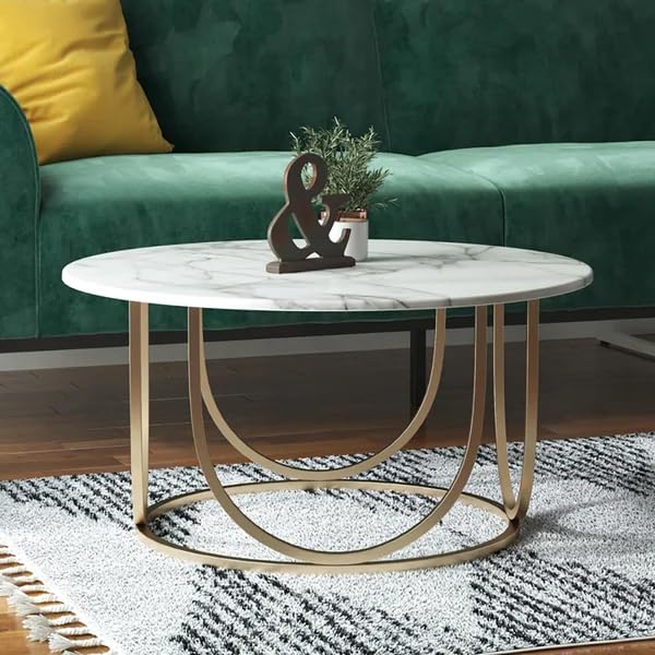 Round Coffee Tea Table Living Room White and Golden