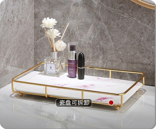 Modern Metal Frame Imitation Marble Glass Bottom Plate Storage
