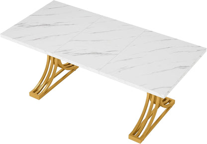 Rectangular Dining Table for 4 to 6, White Gold Kitchen Tables for Dining Room, Modern Dinner Table with Marble texture Top and Stylish Metal Legs (Only Dining Table)
