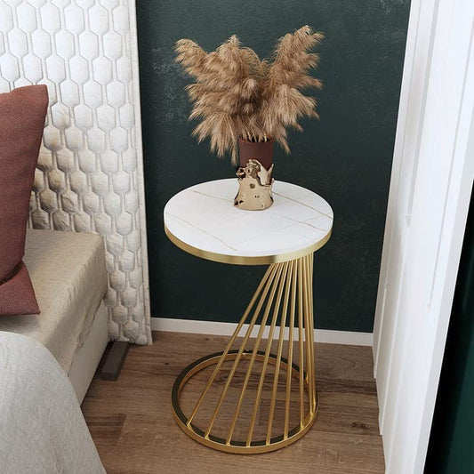 Round White Side Table with Gold Metal Frame - Coffee Table