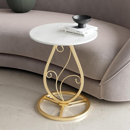 Elegance Side Table – Round White Top with Artistic Black Curved Metal Base. Perfect for Living Rooms, Bedrooms, or Lounges.