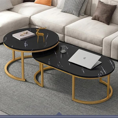 Modern Oval Shape wooden Marble Texture Sheet Center Table