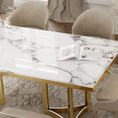 Dining Table for 6 person , for Kitchen & Dining Room, Luxury White Marble texture sheet Table Top with Gold metal frame(Dining Table Only)