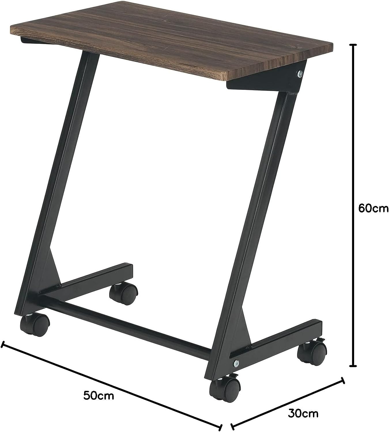 A folding laptop table with a wooden tabletop and black metal Z-shaped frame with wheels and a foot rest, displayed against a marble background.