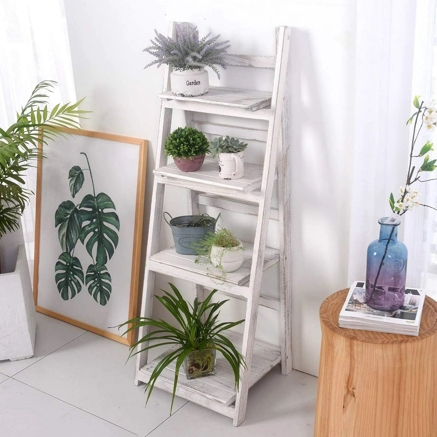 4-Tier Wooden Ladder Shelf - Folding Book & Plant Stand