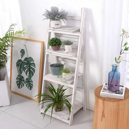 4-Tier Wooden Ladder Shelf - Folding Book & Plant Stand