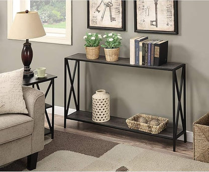 Black Metal Frame with Dual Shelves and Crossed Side Design, Perfect for Entryways, Hallways, or Behind Sofas