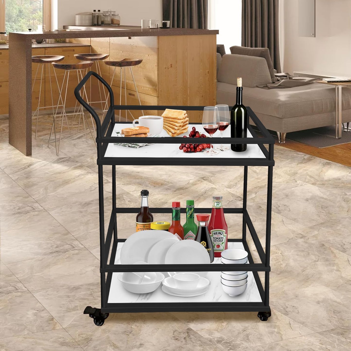 LiviNest- 2 Tier Tea Trolley Gold Rolling Line Bar