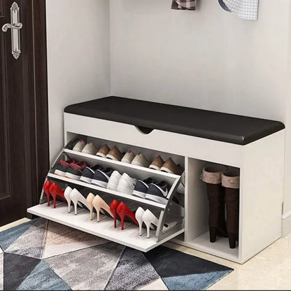 Flip-Drawer Shoe Storage Bench - Wooden Pull-Down Rack