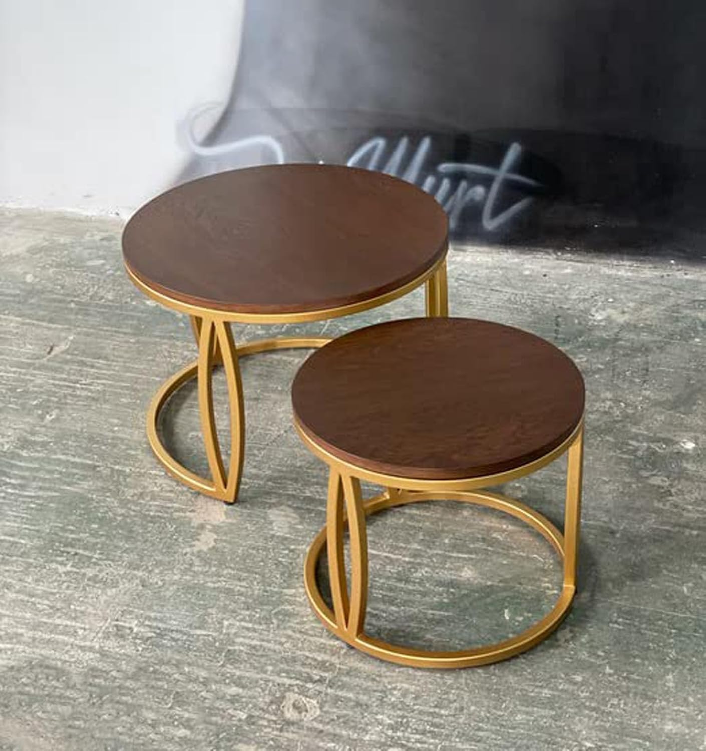 Round Center Table for Dining Room – Wooden Top with Iron Frame & Full Gold Metal Legs