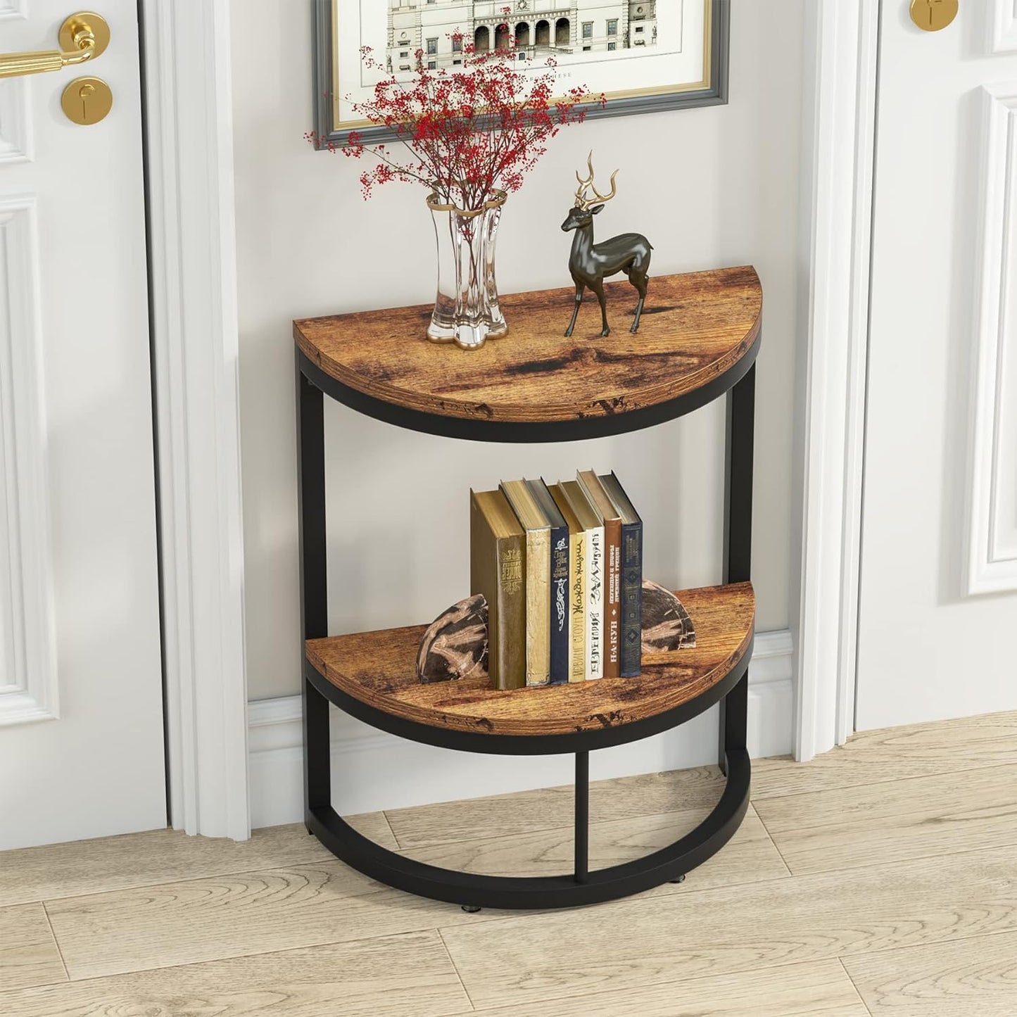 Wrought Iron 2-Tier Half Round Side Table with Storage