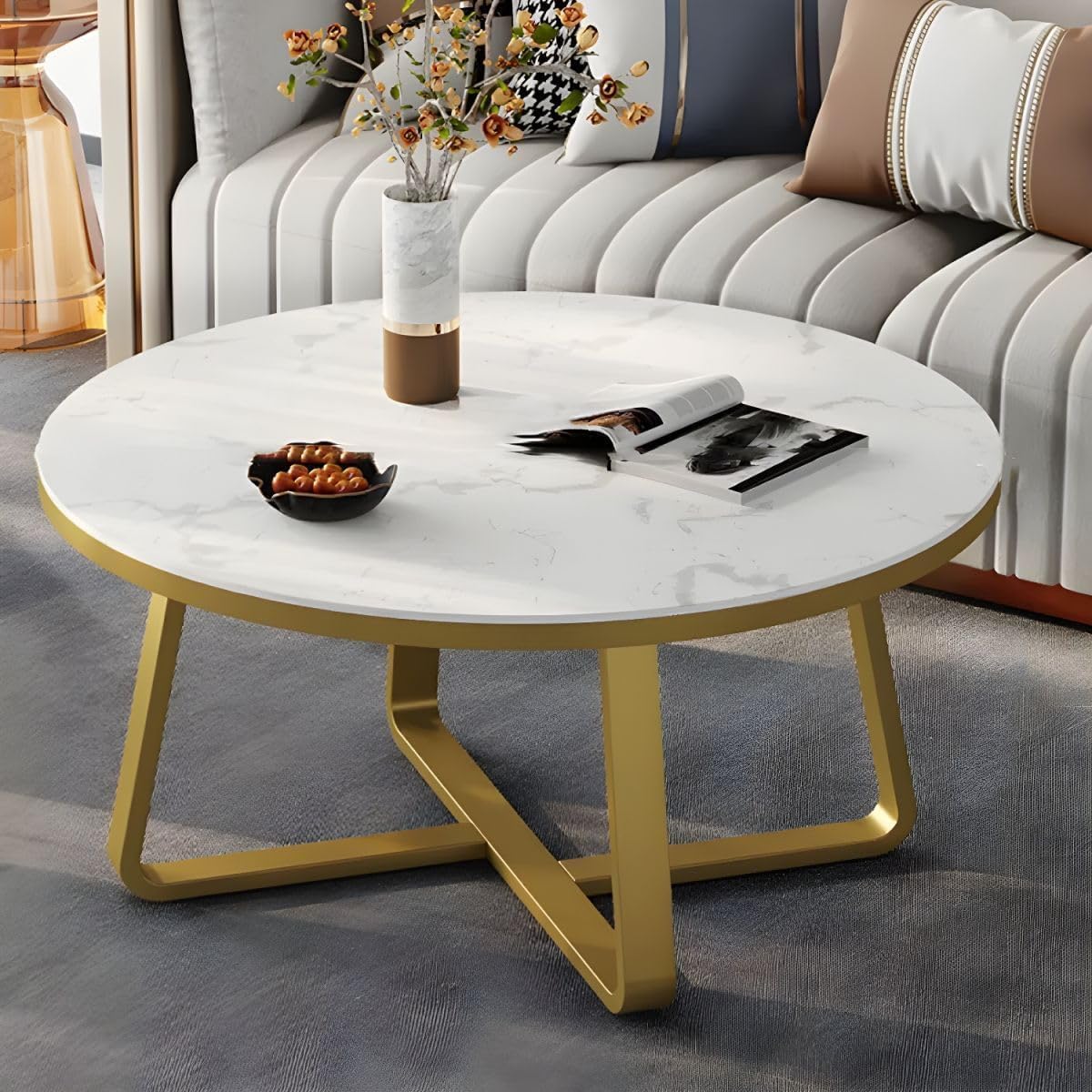 Round Metal Frame Coffee Table for Living Room