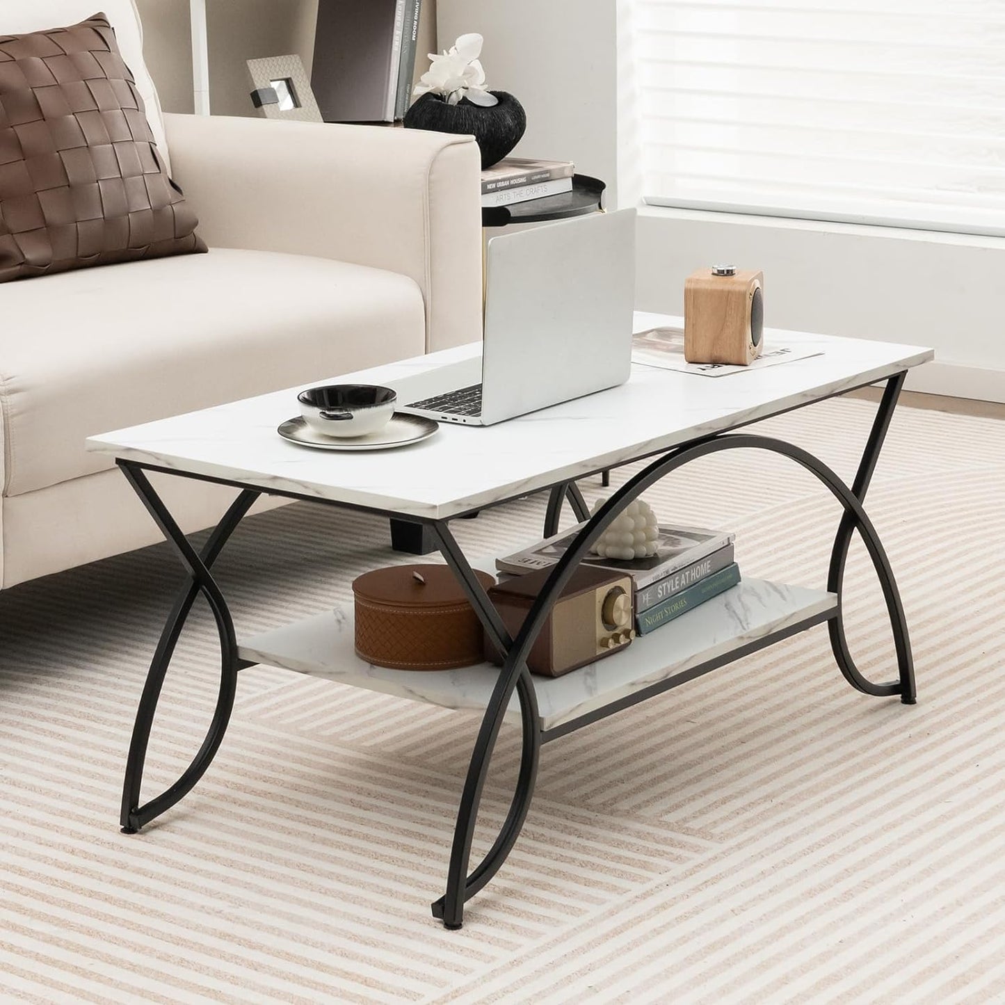 2-Tier Marble Coffee Table - Modern Metal Frame